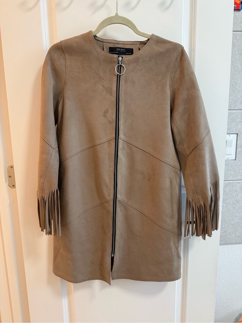 Zara Taupe Suede Fringe Zip-Front Jacket - Picture 1 of 8